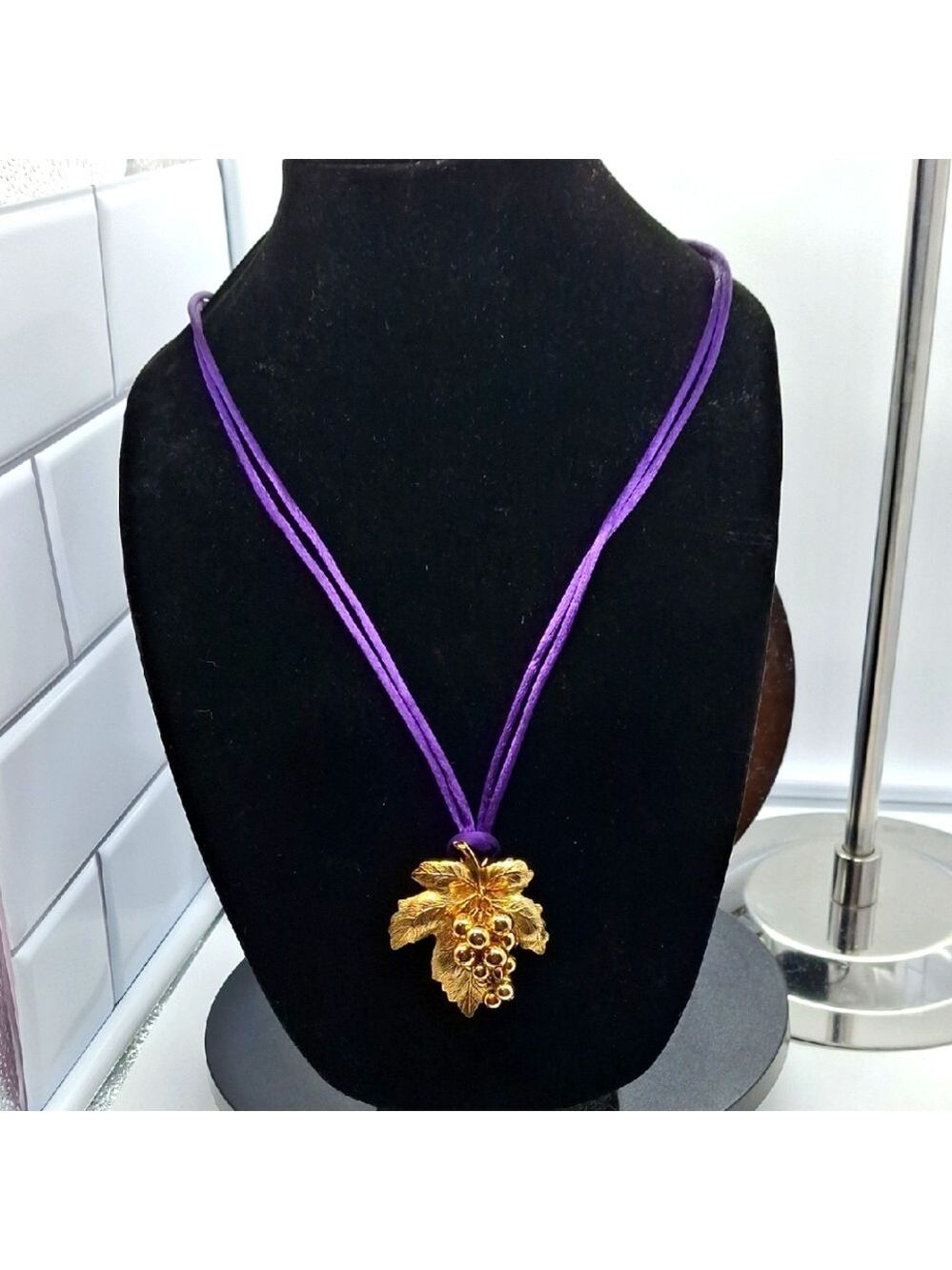 Grapes And Leaf Purple Cord Pendant Necklace 30" +2"